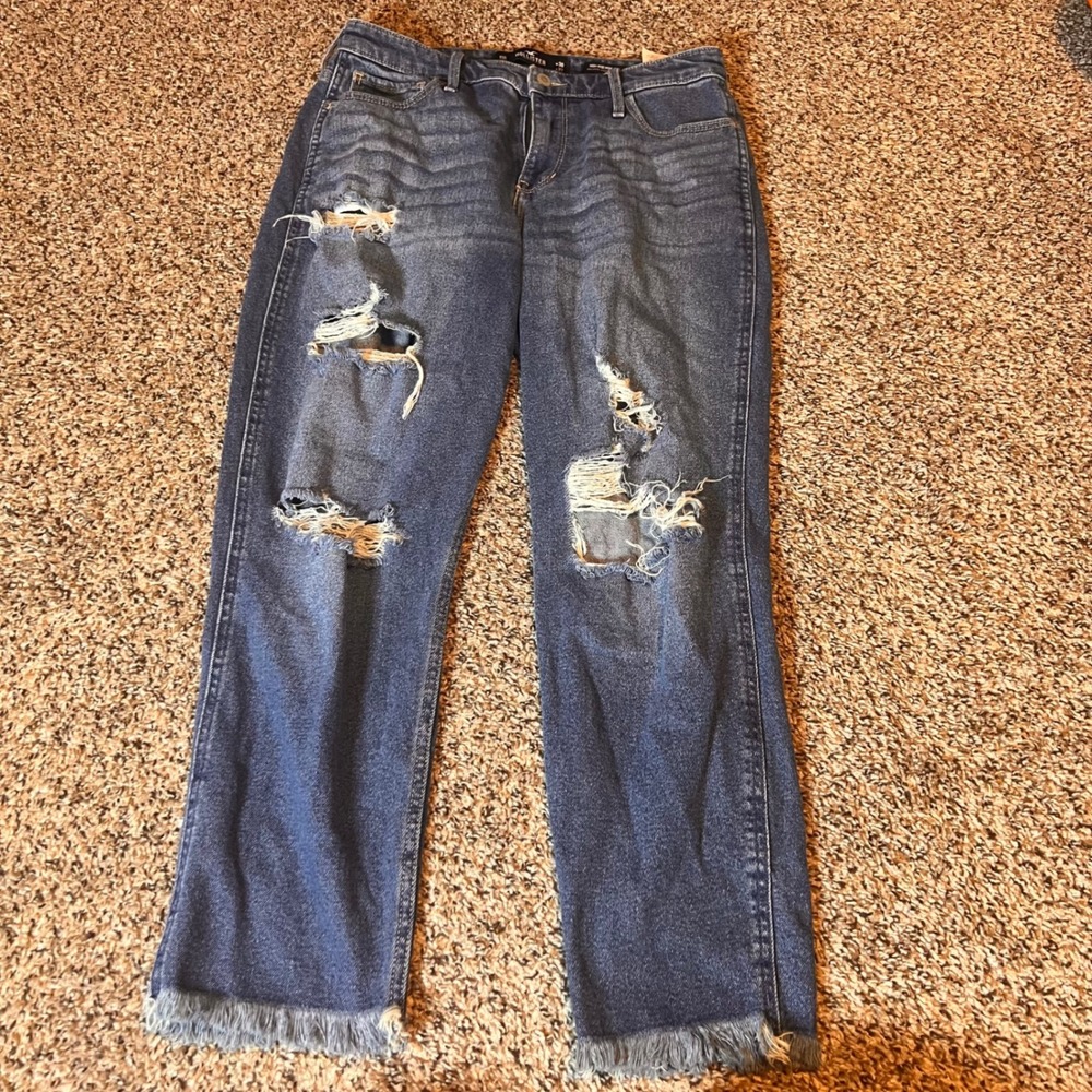 Hollister High-Rise Mom Jeans Distressed Frayed Hem Denim Blue Size‎ W30 L27